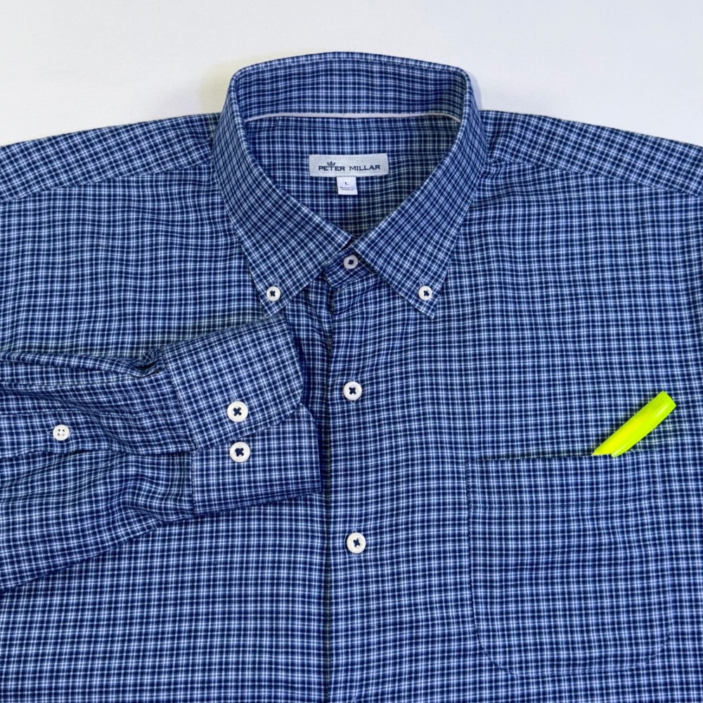 Peter Millar Mens Blue Micro Check Cashmere Blend Button Down Shirt Large - Picture 8 of 13